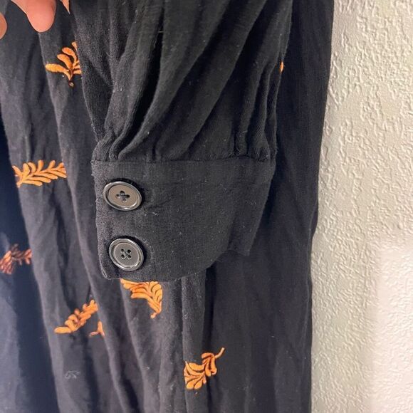 Megan Park Black w/ Orange Embroidered Leaf Print Button Down Merino Wool Long S - Picture 9 of 11